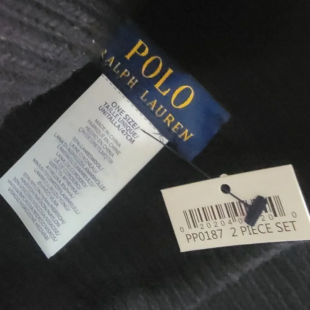 Polo Ralph Lauren Men's Black 2 Piece Set Hat & Scarf Lambswool Blend